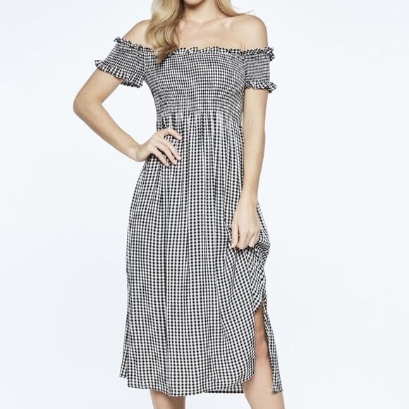 Bardot Size 8‎ Womens Gingham Off the Shoulder Smocked Midi Dress Black White - Picture 1 of 8